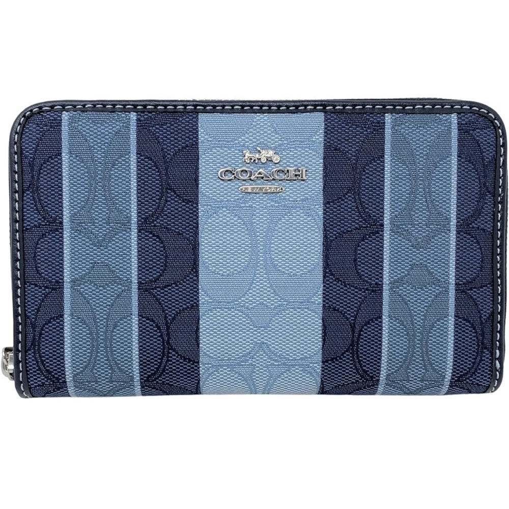 Coach Medium Id Zip Wallet In Blue Signature
Jacquard With Stripe's Denim